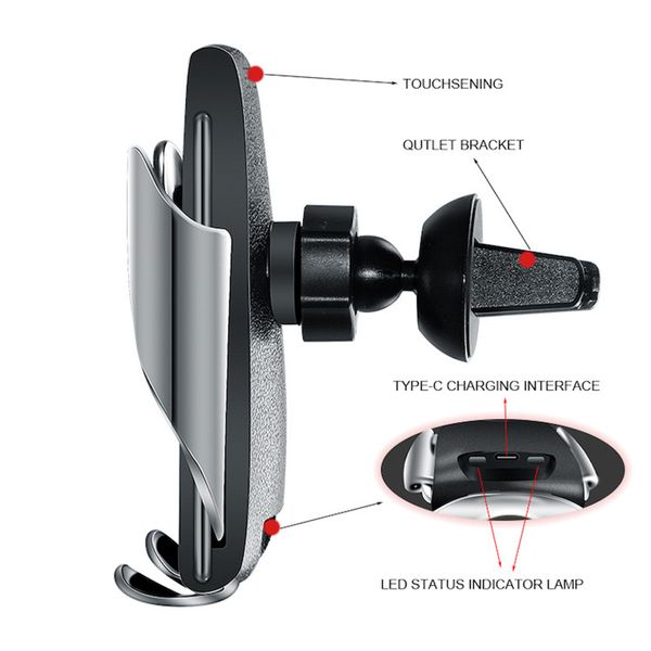 S5 Supporto per caricatore per auto wireless con bloccaggio automatico universale Supporto per ricevitore Sensore intelligente Caricabatterie a ricarica rapida da 10 W per telefoni iPhone Samsung con imballaggio al dettaglio