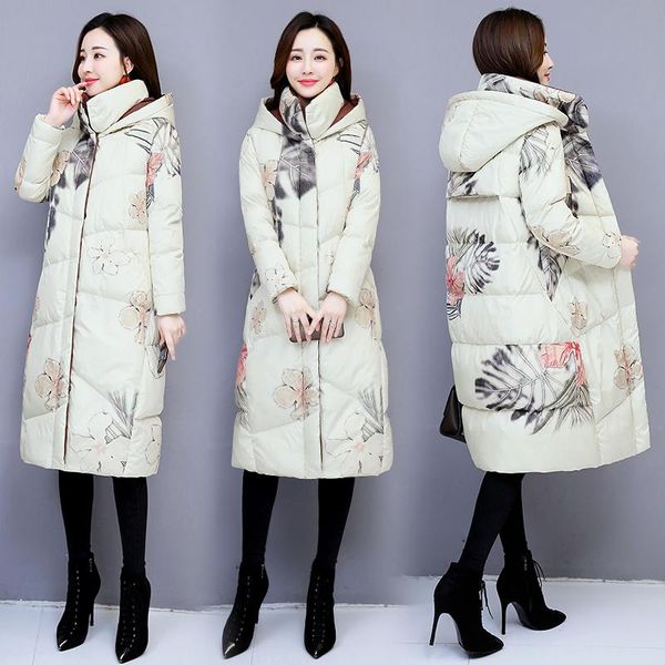 

women's trench coats vintage winter down jacket women hooded parka fashion print thick warm cotton coat long plus size ladies 3xl, Tan;black