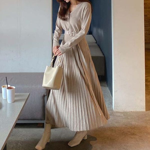 

casual dresses spring autumn o-neck simple v-neck thick formal dress temperamental work style elegant knit elastic a-line, Black;gray
