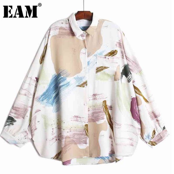 

[eam] women white big size printed pocket blouse lapel long sleeve loose fit shirt fashion spring summmer 1dd8214 210512