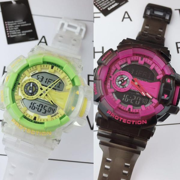 

wristwatches ga400 quartz watch man led leisure sports wristwatch double display transparent strap world time automatic digital watches, Slivery;brown