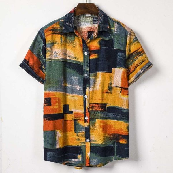 

men's shirt short sleeve linen floral national style men's casual shirt, White;black