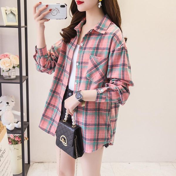 

fashion pink green plaid jacket women shirt coat plus size jackets casual 2021 spring autumn women's, Black;brown