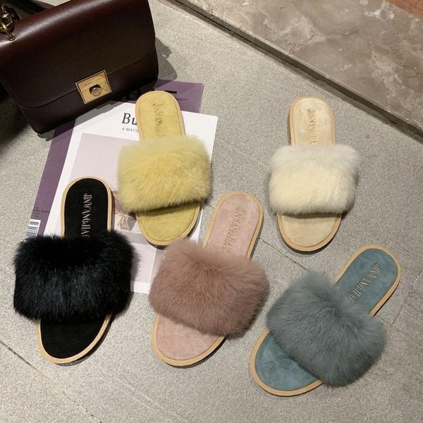 

european american style net red slippers women wear 2021 autumn and winter cute flat shoes fashion lazy fur, Black