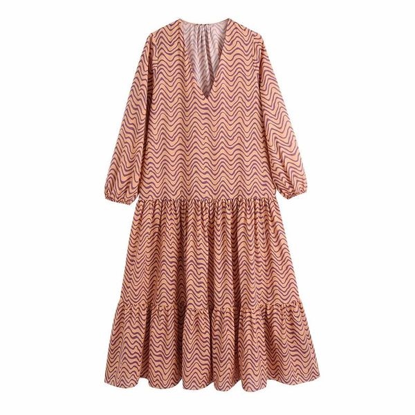 

casual dresses puwd elegant women striped print ruffle dress 2021 summer fashion female pleated long sleeve ladies oversized, Black;gray