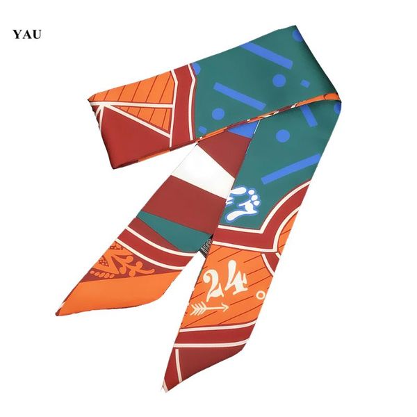 

scarves 95cm*5cm small silk scarf women 2021 bohemia style print bag ribbons brand fashion head long skinny, Blue;gray