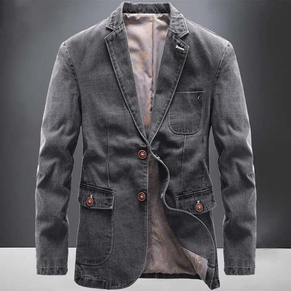 

men's suits & blazers cotton men denim suit jacket single breasted pockets grey casual street spring autumn male jeans outwear slim man, White;black