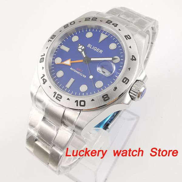 

bliger 4m luruxy men's watch blue dial sapphire glass light-emitting display gmt function automatic kronking movement, Slivery;brown