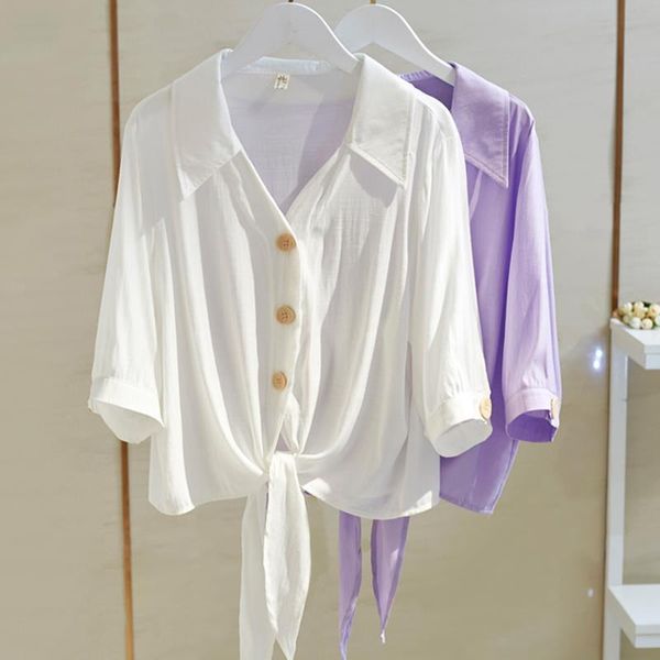 

short sleeve white summer women shirt buttoned up tied waist elegant blouses cropped loose blouse