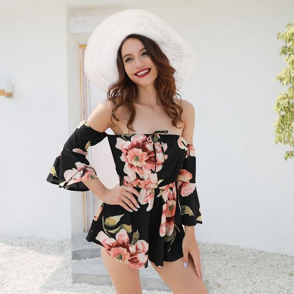 

women's jumpsuits & rompers girl off shoulder playsuits women big flare sleeve red summer beach party casual lace up romper, Black;white