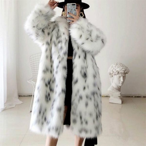 

women winter faux fur coat lady casual spliced leopard print jacket female thick warm mid-long plush outerwear 211220, Black