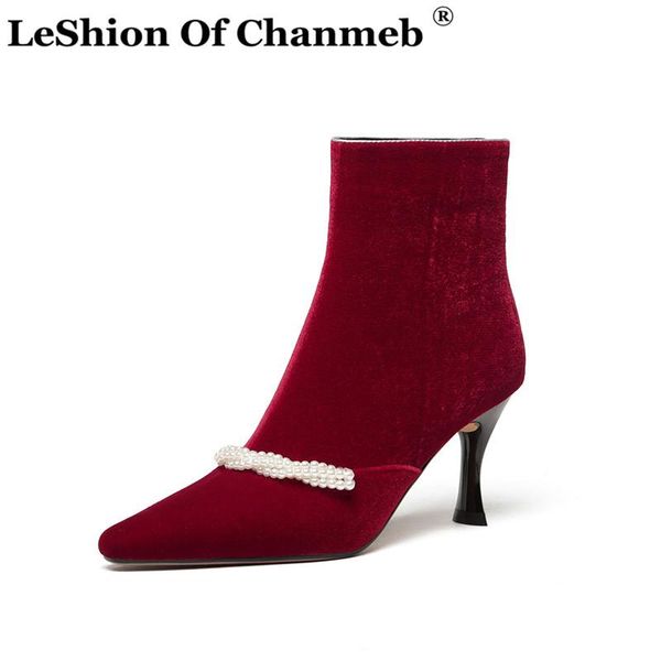 

boots leshion of chanmeb designer pearls red ankle women elegant velvet high heels short office casual shoes, Black