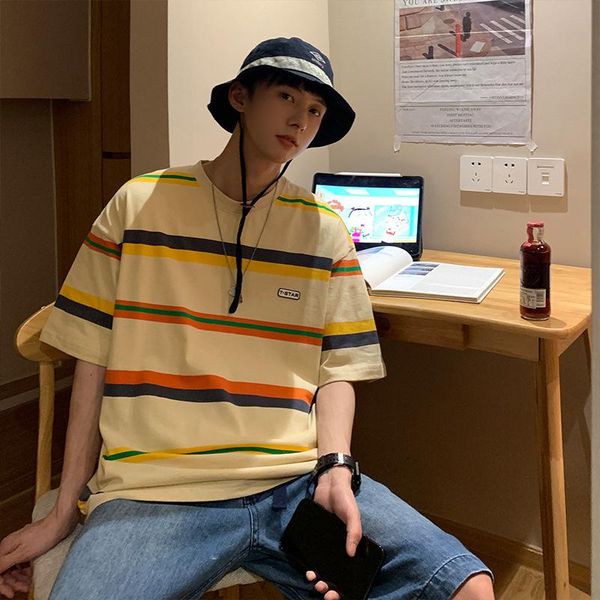 

students summer art stripe t - shirt japanese loose jumper short sleeves color matching bottom 2021 men's t-shirts, White;black