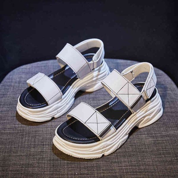 

sandals genuine leather white shoes woman wedges for women heels summer beach platform female hook loop va0r, Black