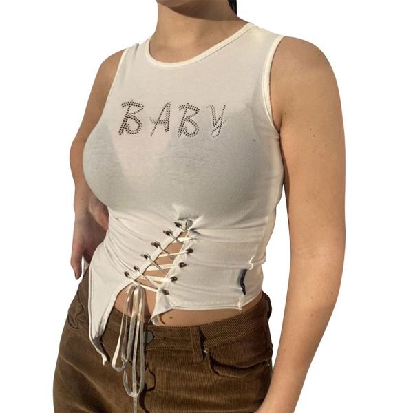 

women's sleeveless white diamonds crystal letters decor round neck irregular lace up waist all-match vest tanks & camis