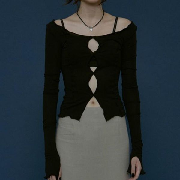 

solid hollow out women t shirt long sleeve o neck casual autumn spring, White