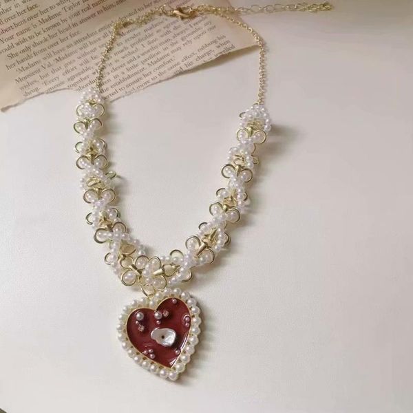 

chains french retro braided pearl personality all-match love necklace heart-shaped jewelry for women girls charm neck chain, Silver
