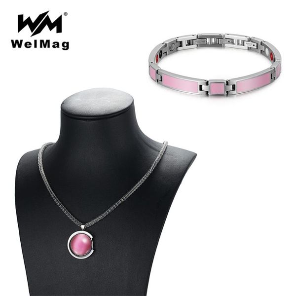 

earrings & necklace welmag women's fashion pink jewelry set charm opal stainless steel bracelets femme magnetic therapy dropship 2021, Silver