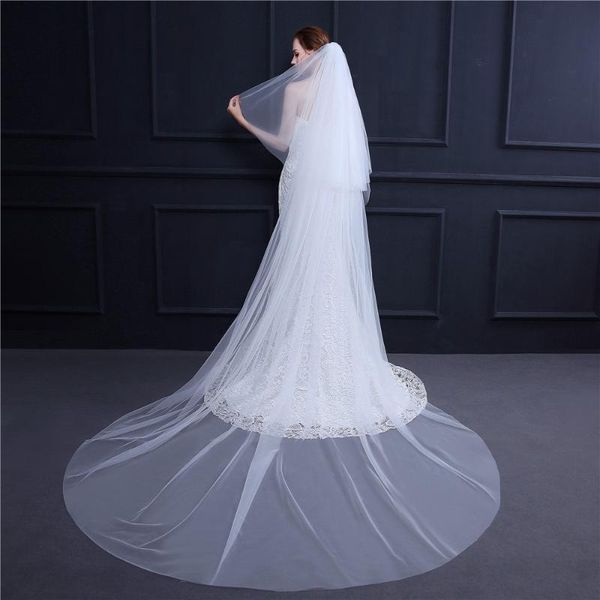 

bridal veils simple white ivory wedding veil with blusher 3m long luxury cathedral appliques accessories veu de noiva, Black