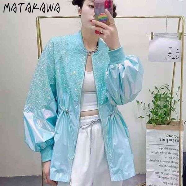 

matakawa sequins thin coat women's spring stand jackets for women loose long-sleeved waist coat stitching windbreaker 210513, Black;brown