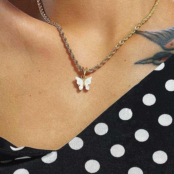

chokers trend twist chains necklace acrylic butterfly pendant necklaces for women sweet color clavicle chain jewelry, Golden;silver