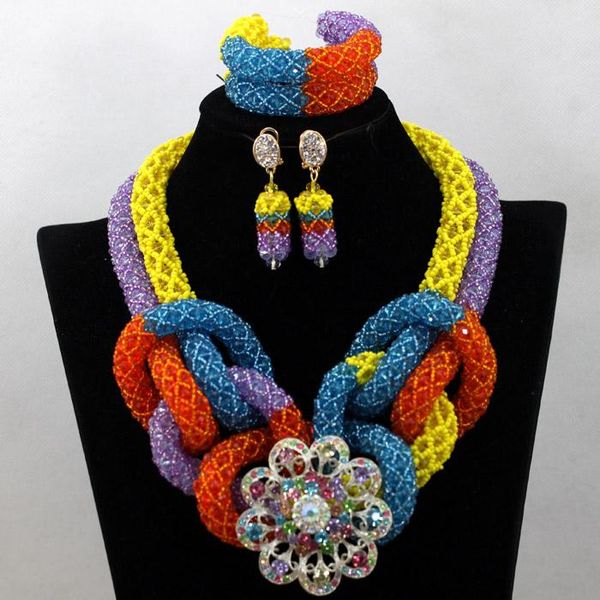 

earrings & necklace gorgeous multicolor women jewelry sets african nigerian wedding crystal set handmade qw651, Silver