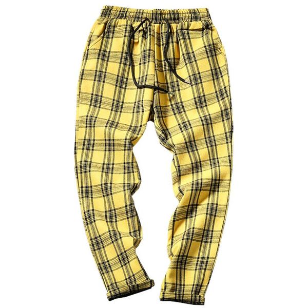 

streetwear yellow black plaid pants men joggers 2021 man casual straight harem korean hip hop track plus size men's