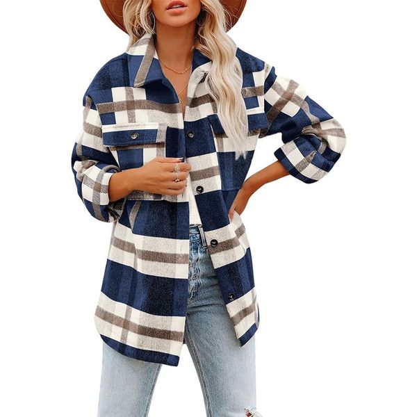 

women's jackets women brushed plaid shirts long sleeve flannel lapel button down pocketed shacket jacket coats parkas stand collar fema, Black;brown