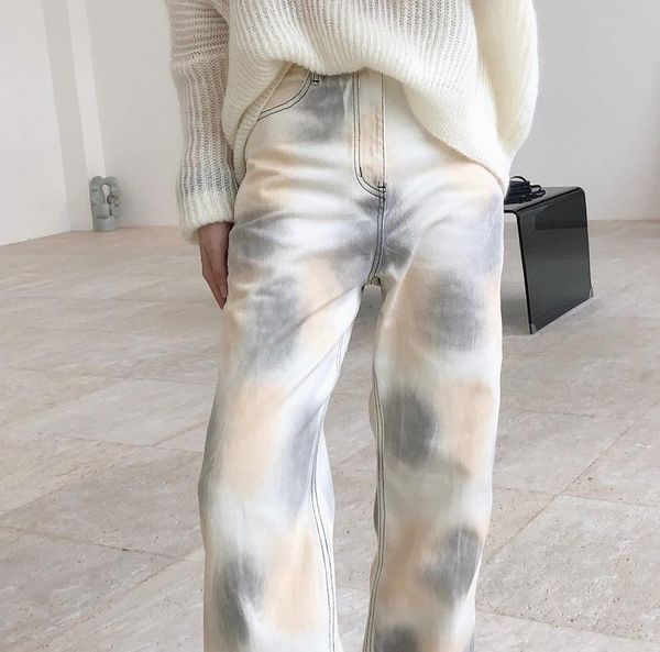 

women's jeans 2021 autumn style korean retro gradient tie-dye high-waisted straight wide-leg casual loose slim-fit split trousers, Blue
