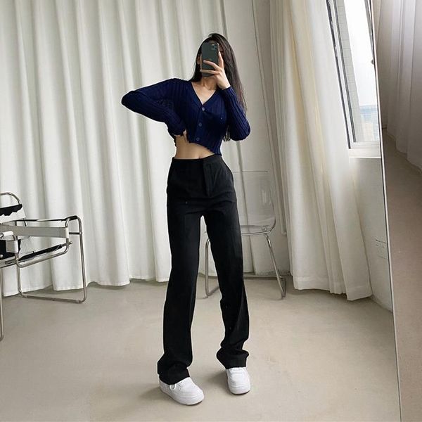 

fashion black straight leg long women capris casual summer suit high waist trousers, Black;white