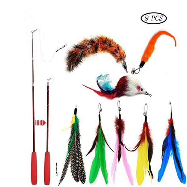 PEQUENO PETME PENLIMENTOS 9 PCS Substituição de gato Feather Set Toys Stick Bell Ball Ball Play