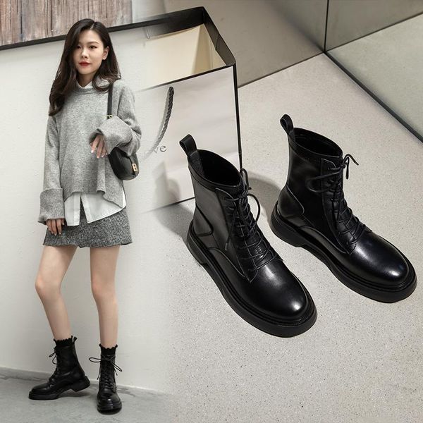 

boots 2021 winter slim leather elastic strap thin flat, Black