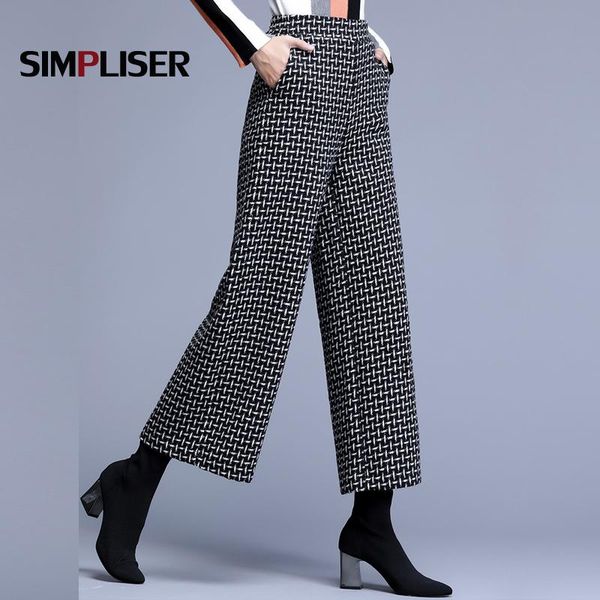 

women's pants & capris loose wide leg women plaid ankle length femme trousers plus size 4xl female pantalon elastic waist big mujer, Black;white