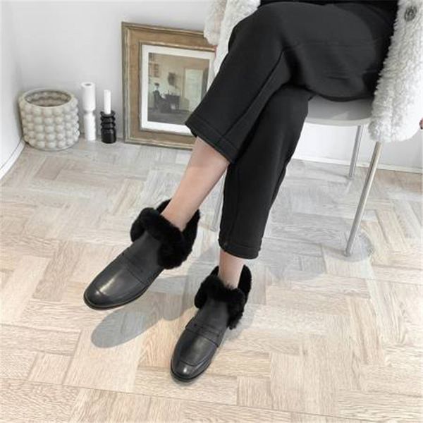 

winter women's shoes genuine leather low heel slip-on short plush shallow mouth female boots 210507, Black