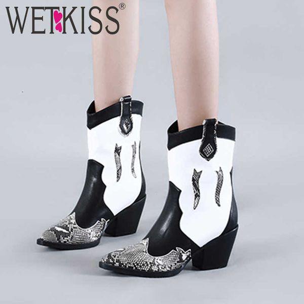 

wetkiss snake skin pu western boots women cowboy ankle boot female high heels shoes ladies pointed toe shoes women winter big 45 210630, Black