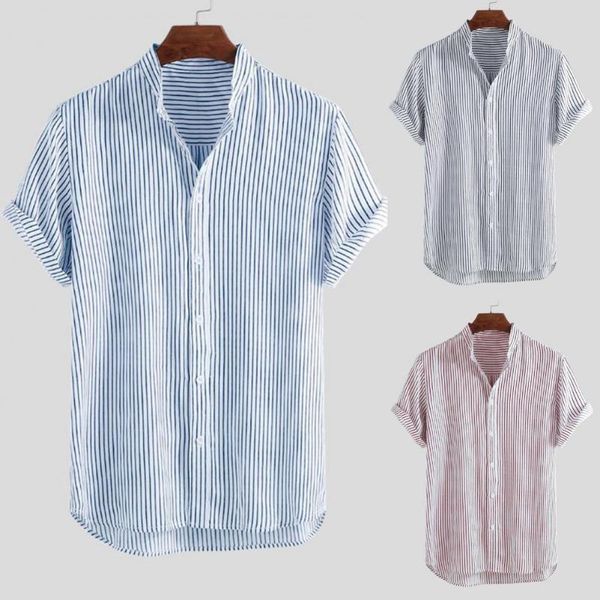 

men's casual shirts with striped stand-up collars, summer short-sleeved loose , party easy to match daily wear, White;black