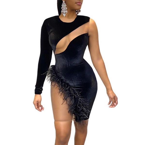 

women dress nightclub party style female's velvet feather mesh patchwork irregular bodycon mini dresses autumn winter casual, Black;gray