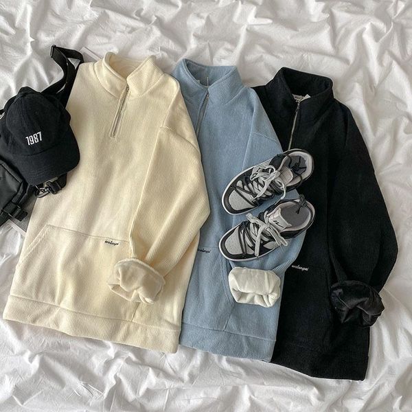 

women's hoodies & sweatshirts solid zipper stand collar sweatshirt women casual 2021 autumn loose plush thickened femme blue black cott