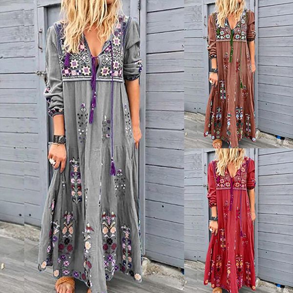 

summer casual plus size womens dresses floral splicing drawcord lace up ladies long sleeve vestido de mujer, Black;gray