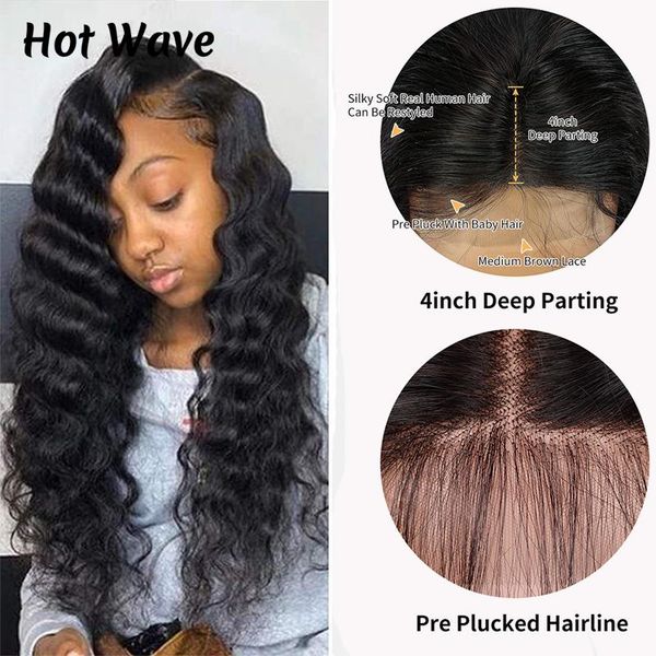 

hd transparent lace frontal wig deep wave front human hair wigs pre plucked 13x4 brazilian 4x4 closure, Black;brown