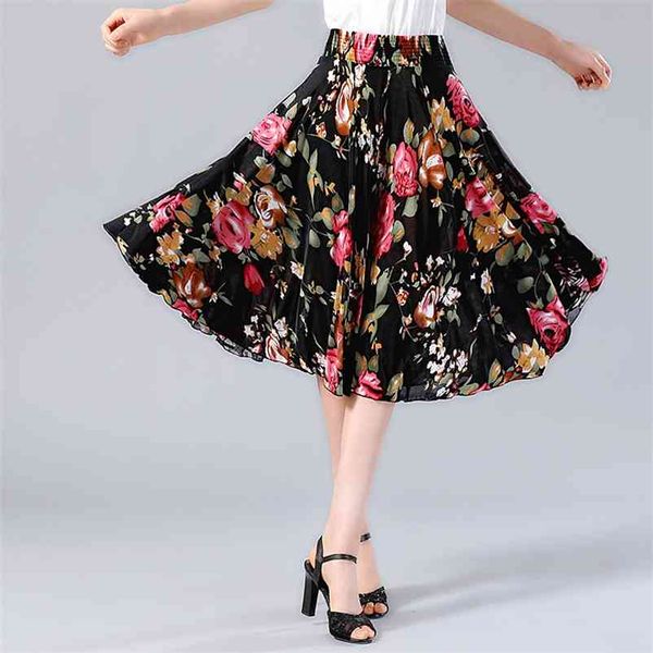 

summer skirts womens vintage floral print high waist elastic pleated skirt saia midi faldas casual a-line 10 colors 210422, Black