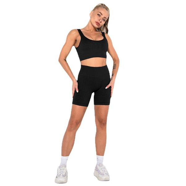 

yoga outfit black sport suit women fitness bra shorts 2 pcs set gym running workout clothing stretchy seamless biker tights