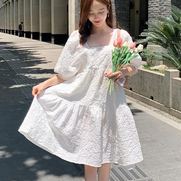 

party dresses [ewq] women white big size pleated printed mini dress square collar short puff sleeve loose fashion elegant summer 2xl 2021, White;black
