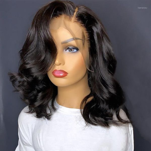

brazilian body wave wig short wavy human hair wigs lace front closure wigs1, Black;brown