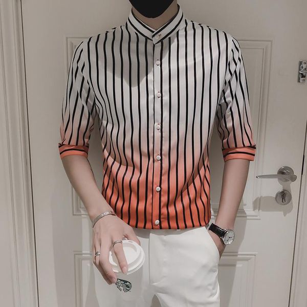 

men's casual shirts 2021 summer short-sleeved shirt korean trend fashion gradient color striped three-quarter sleeve, White;black