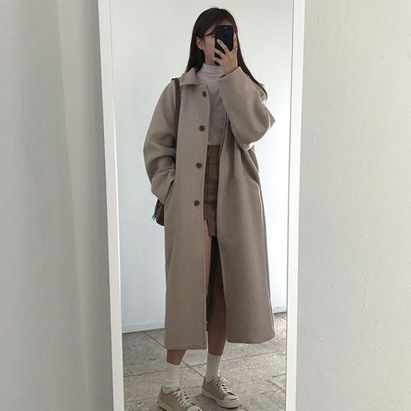 

women's wool & blends long solid sleeve fashion simple women autumn winter korean single-breasted blend coat office lady outwear overco, Black