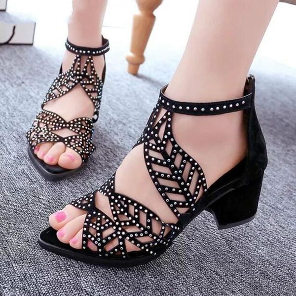 

women sandals bling 5cm high heels diamond summer square heel shoes wedding leather sandalia mujer 4 color dress, Black