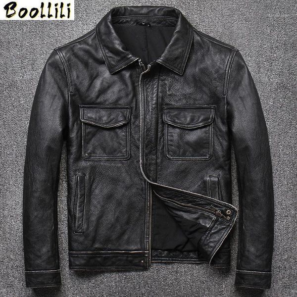 

men's leather & faux boollili jacket genuine cow locomotive cowhide jackets vintage motorcycle erkek deri mont, Black