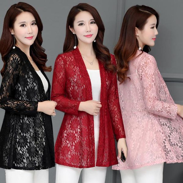 

lace shawl jacket summer chiffon blouse outside thin section cardigan long sleeve sun protection clothing wild coats shirt women's blou, White