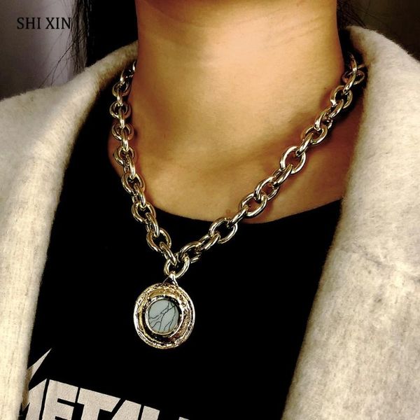 

vintage green stone pendant necklace statement gold color thick long chain for women 2021 fashion choker jewelry necklaces, Silver